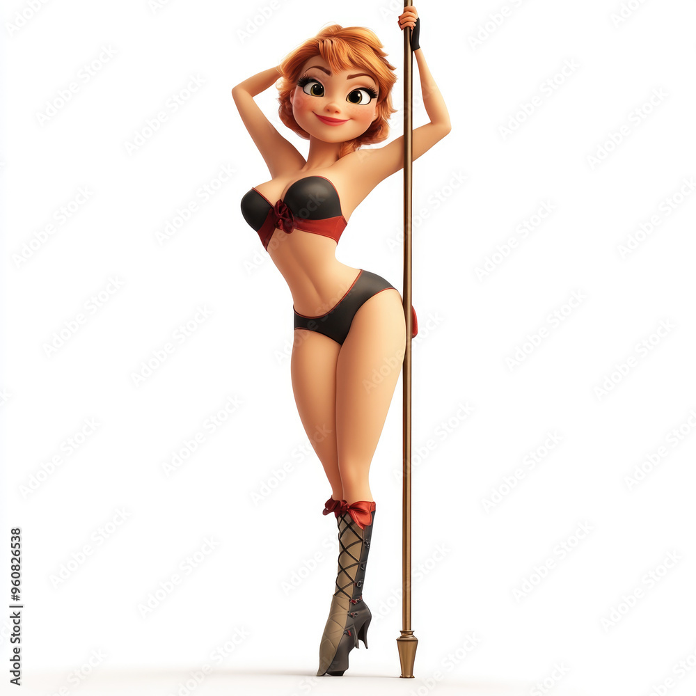 3D cartoon of a pole dancer, against a solid white background 3D cartoon of a pole dancer, against a solid white background