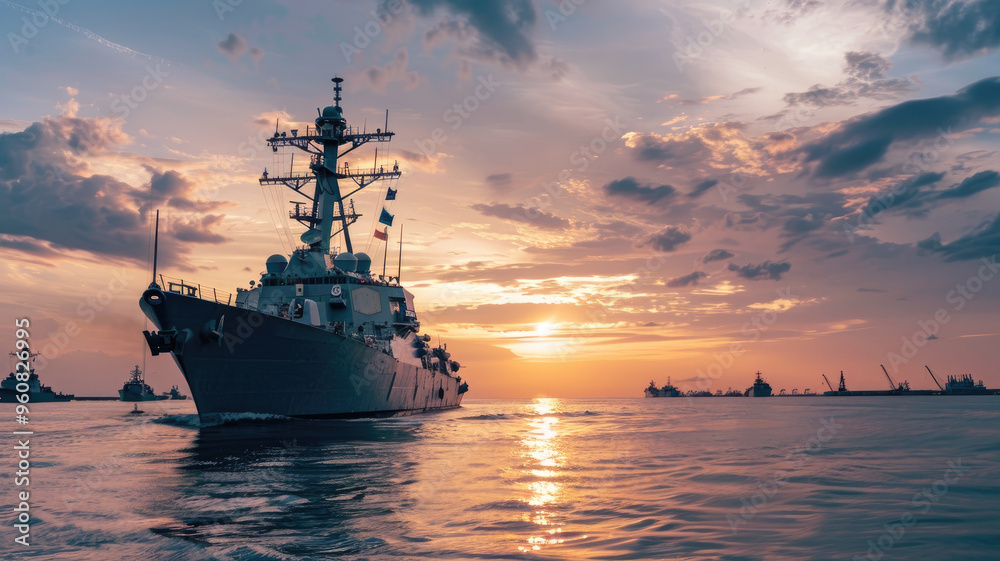 Sunset at sea with naval ship and fleet silhouettes against orange sky Sunset at sea with naval ship and fleet silhouettes against orange sky