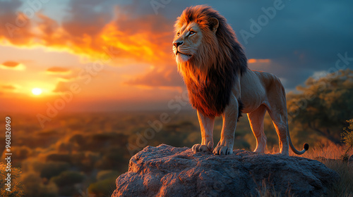 Majestic lion standing on a rock during sunset, showcasing strength and beauty in the wild landscape.
