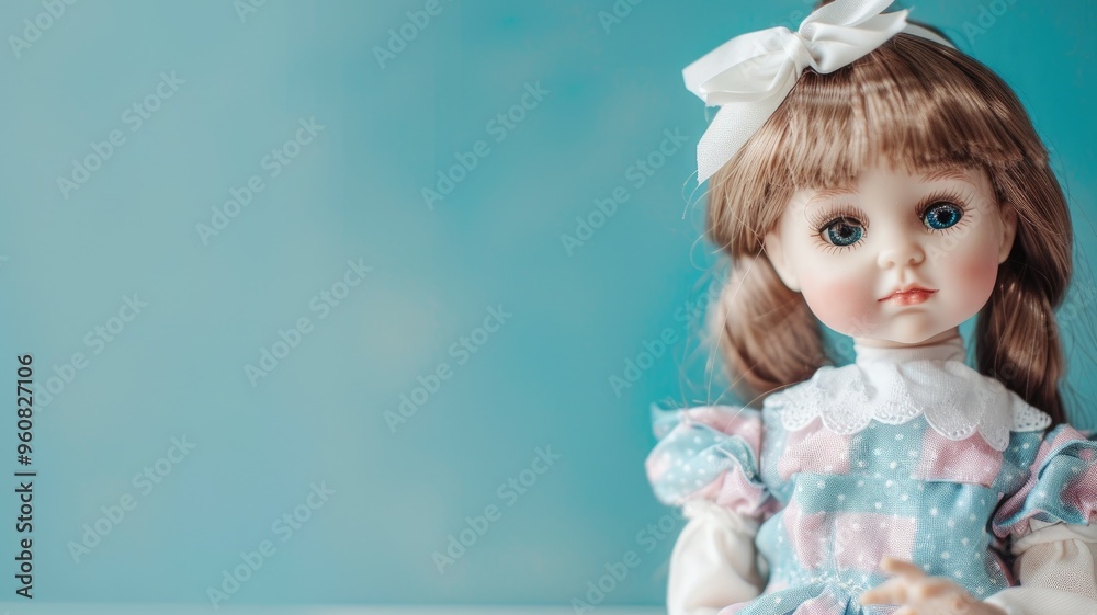 Fototapeta premium Porcelain doll with white bow, blue dress, sitting, background