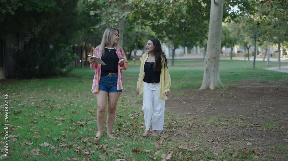 young blonde caucasian girl walking towards camera on the grass gesturing and smiling while making a video call with a tablet young blonde caucasian girl walking towards camera on the grass gesturing and smiling while making a video call with a tablet
