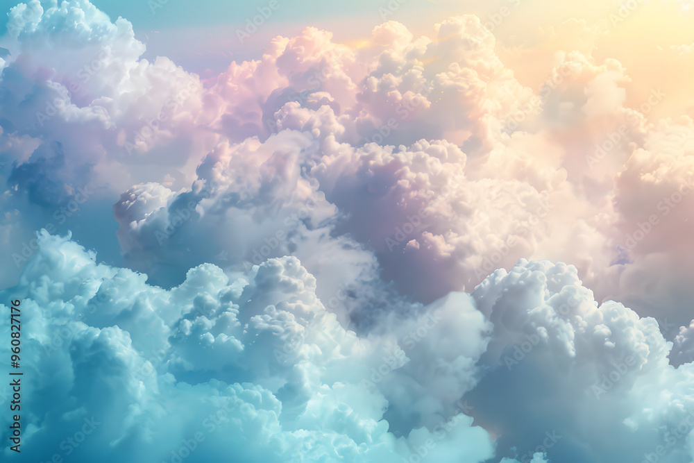 Fototapeta premium Sun and clouds. Colorful cloudscape background with bright sun. Spectacular sky view with the sunlight through the clouds. For poster, music album, book cover, poetry, wallpaper.