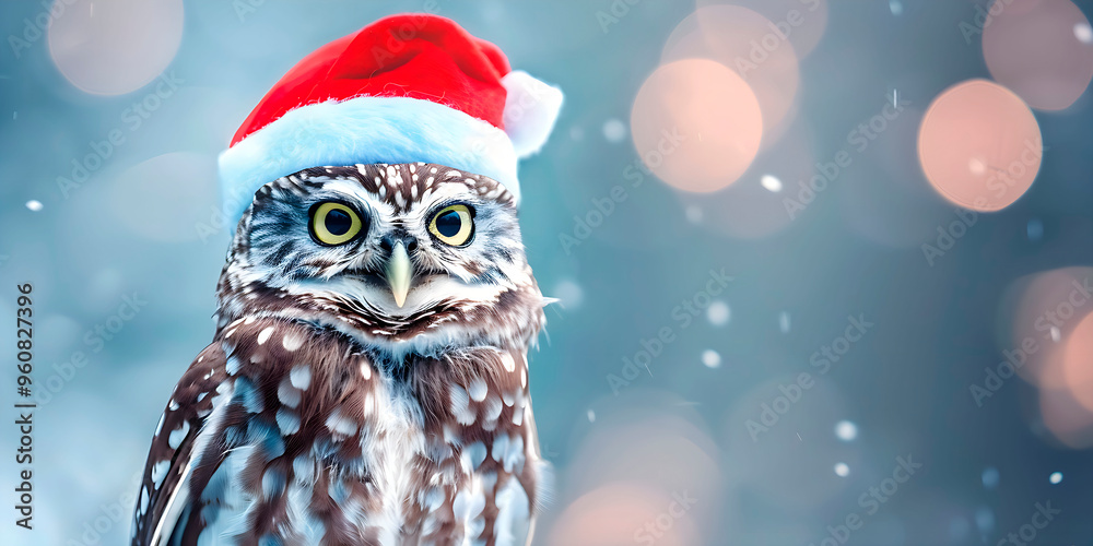 Owl with Santa Claus hat staring into the camera Owl with Santa Claus hat staring into the camera