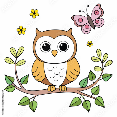 A delightful line art drawing features a cute baby owl sitting on a branch accompanied by a butterfly and flowers perfect for nursery decoration