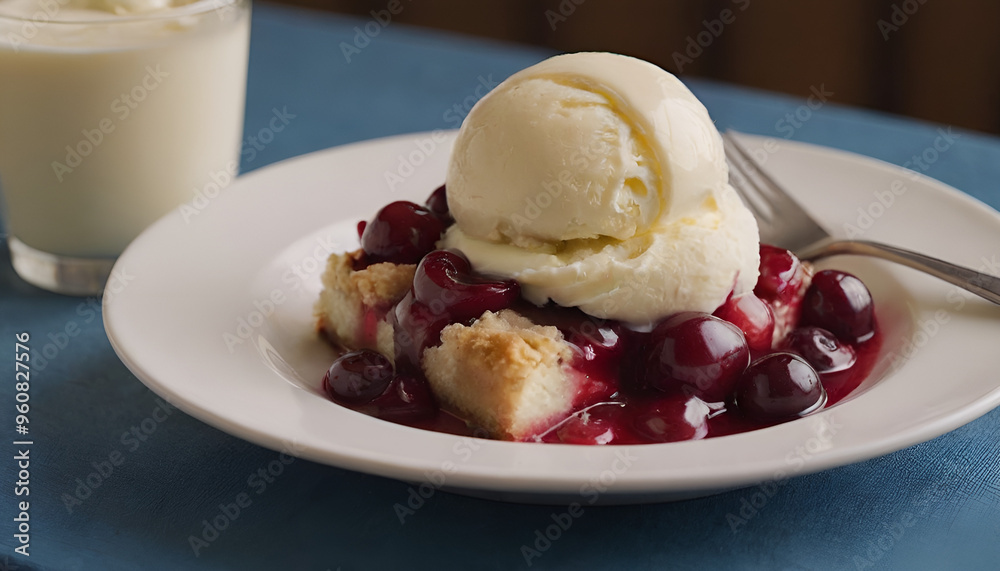 cherry cobbler with vanilla ice cream on a plate cherry cobbler with vanilla ice cream on a plate