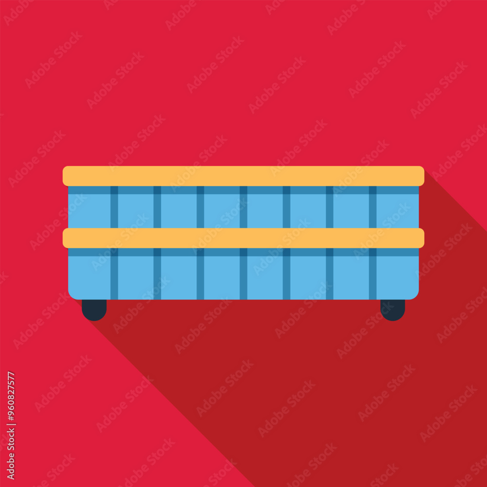 Blue wooden crate with wheels standing on red background, side view with long shadow Blue wooden crate with wheels standing on red background, side view with long shadow