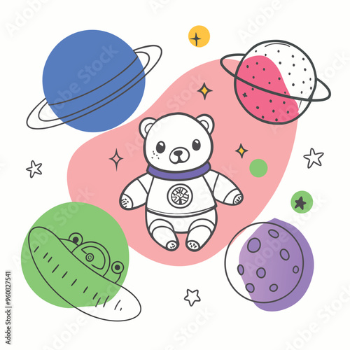 A charming illustration features a cute baby bear dressed as an astronaut surrounded by vibrant planets and twinkling stars radiating a playful cosmic vibe