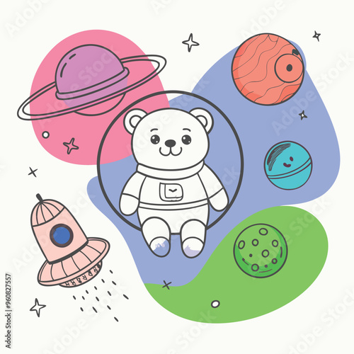 An adorable baby bear in a spacesuit joyfully floats through a colorful cosmic environment filled with vibrant planets and a playful rocket