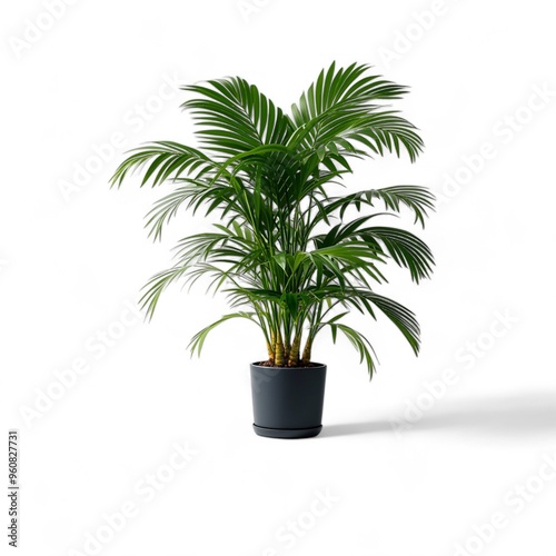 Kentia palm (Howea forsteriana) in a pot on a white background. clipping path element. gives a tropical and elegant feel to a large room such as a living room or lobby. photo