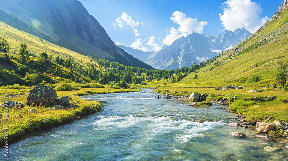 Fototapeta premium Scenic river flowing through lush green valley, surrounded by majestic mountains and bright blue sky, a perfect nature escape.