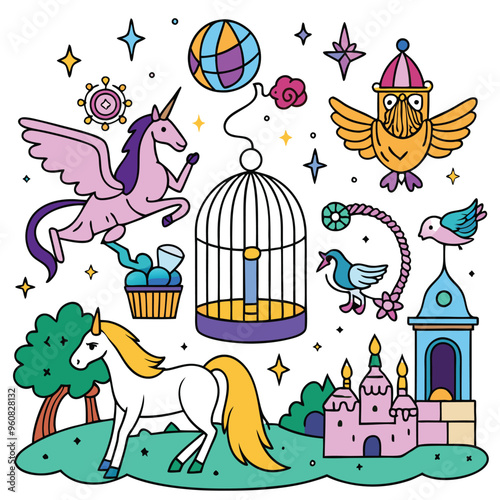 This doodle showcases a magical realm with a prancing unicorn a wise owl and a whimsical castle alongside playful creatures in a colorful landscape