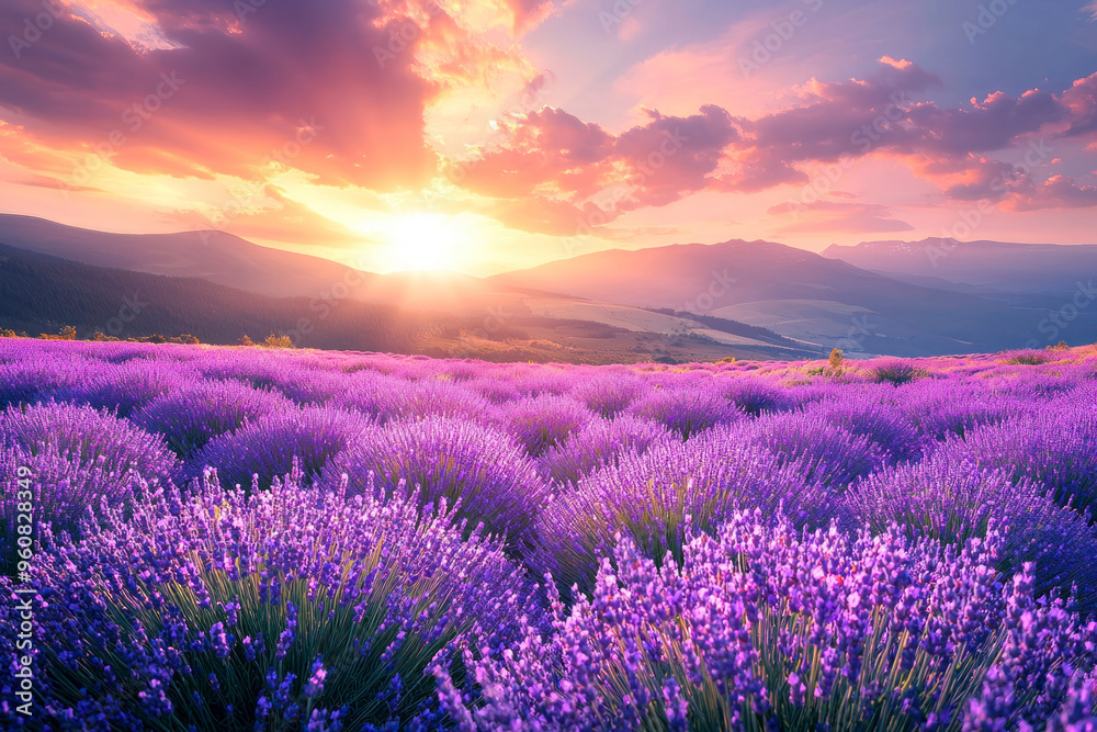 Fototapeta premium Wonderful nature landscape, amazing sunset scenery with blooming lavender flowers.