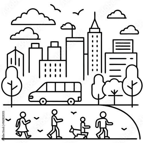 Pedestrians stroll along the park walking dogs and enjoying nature while a bus passes by amidst a bustling city filled with tall buildings