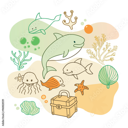 Dolphins play among colorful jellyfish and corals while a treasure chest rests on the seafloor creating a lively underwater adventure for all
