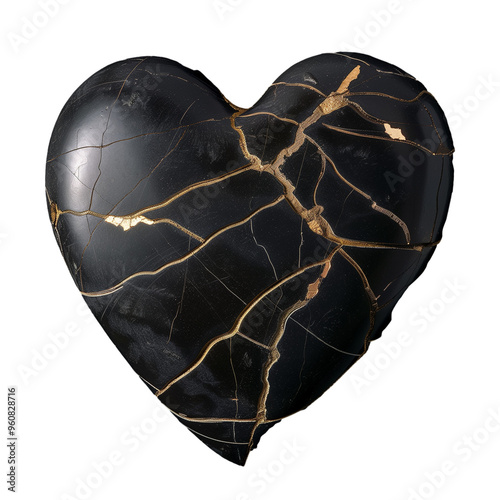 Heart. Stone heart. Kintsugi gold restoration of stone heart, kintsukuroi Japanese technique. Concept of renewed heart. PNG heart isolated on transparent background. 3D 