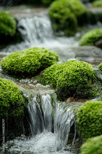 Close up view of a small waterfall flowing over moss covered rocks.