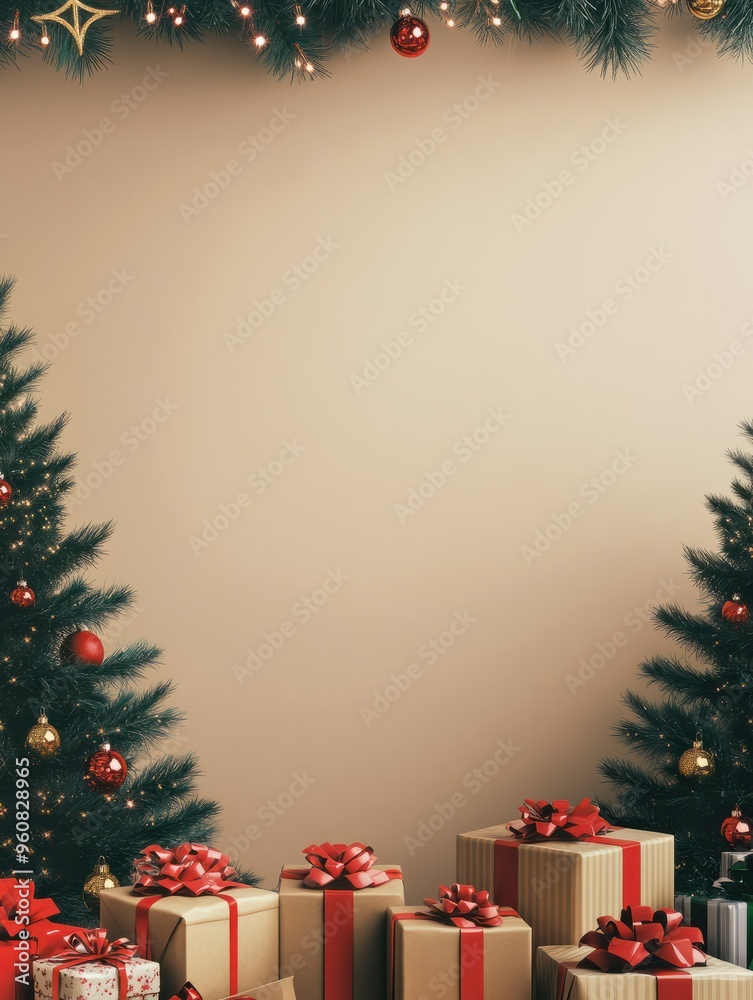 Christmas trees and heap of gift boxes and space for text over wall. christmas background Christmas trees and heap of gift boxes and space for text over wall. christmas background