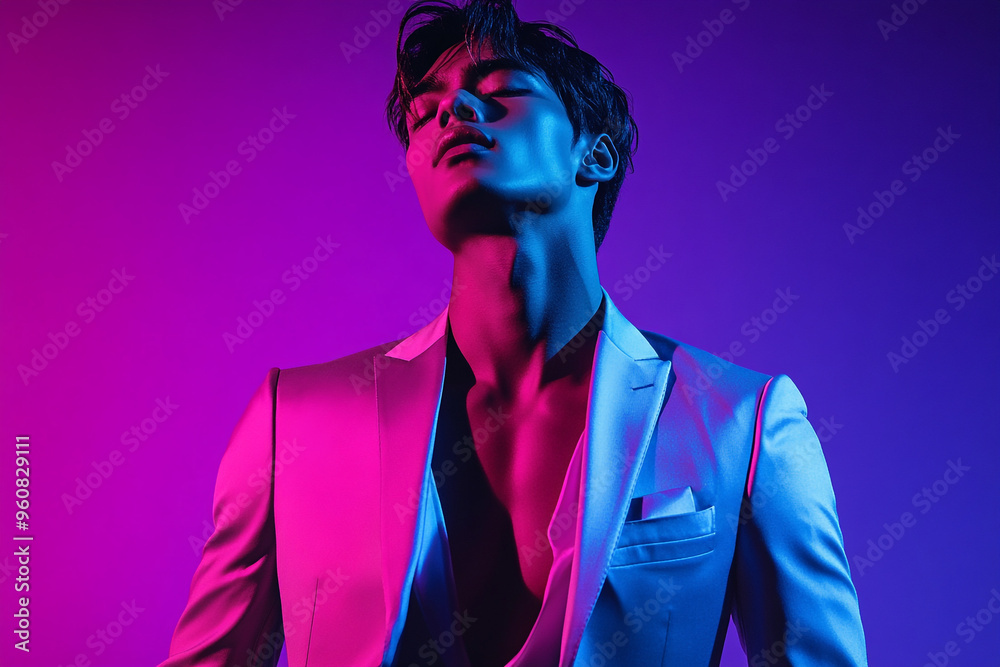 Mens Silver Suit with Solid Neon Purple, Lifestyle Portrait, Fashion Background, Stylish, Trendy, Bold Look Mens Silver Suit with Solid Neon Purple, Lifestyle Portrait, Fashion Background, Stylish, Trendy, Bold Look