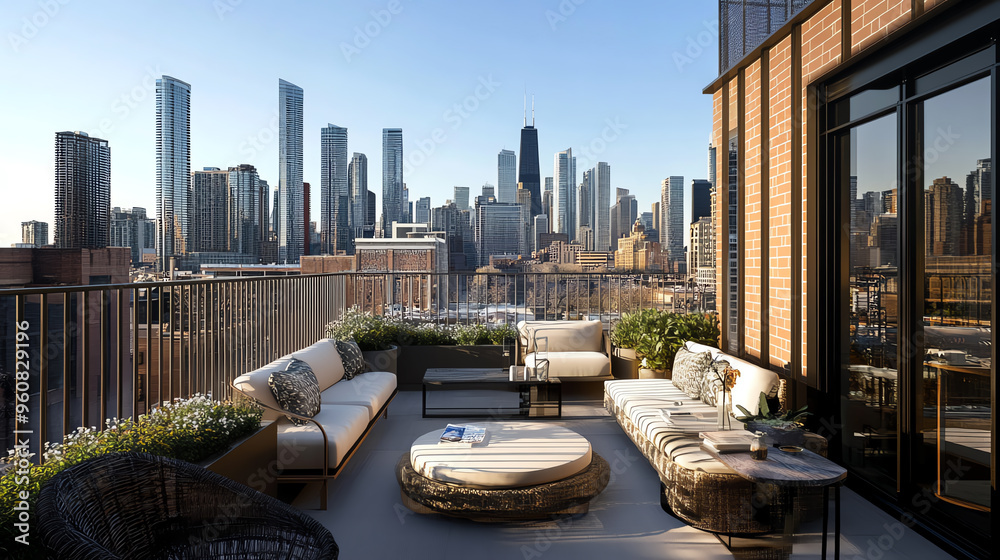 Stunning rooftop terrace featuring modern furniture and city skyline views, perfect for relaxation and gatherings in urban settings. Stunning rooftop terrace featuring modern furniture and city skyline views, perfect for relaxation and gatherings in urban settings.