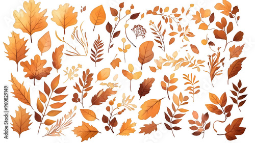 Set of vibrant autumn leaves isolated on transparent background. Collection of colorful fall foliage in various shapes and sizes