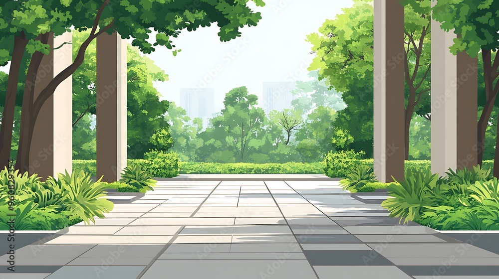 Naklejka premium Green Pathway Through Trees and Pillars