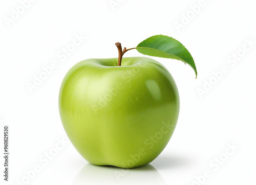 A green apple with a leaf, on a white background