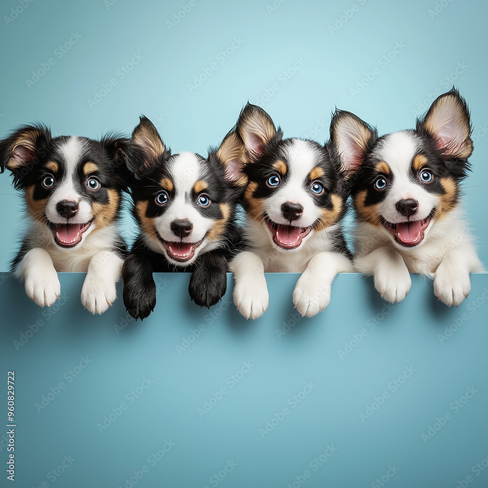 Group of four cute puppies lined up, smiling, blue background, adorable puppies, playful pets, happy expression, closeup of puppies, pet portrait, joyful puppies, cute animals Group of four cute puppies lined up, smiling, blue background, adorable puppies, playful pets, happy expression, closeup of puppies, pet portrait, joyful puppies, cute animals