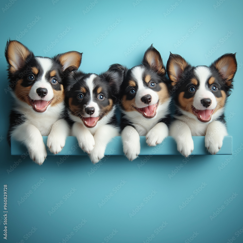 Group of four cute puppies lined up, smiling, blue background, adorable puppies, playful pets, happy expression, closeup of puppies, pet portrait, joyful puppies, cute animals Group of four cute puppies lined up, smiling, blue background, adorable puppies, playful pets, happy expression, closeup of puppies, pet portrait, joyful puppies, cute animals