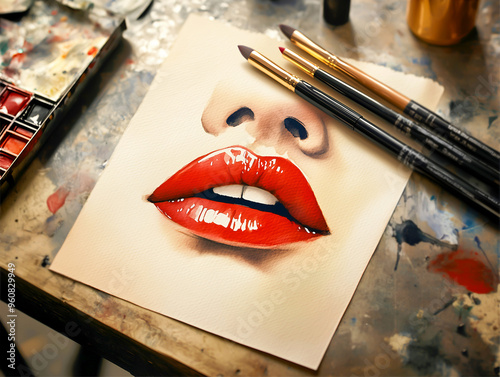 Drawing of woman mouth and lips portrait with paint brushes on a wooden table. Artistic and brush choices concept, Horizontal banner.