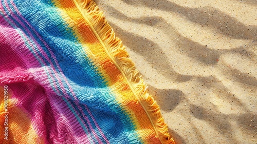 Colorful beach towel with fringe on sunlit sandy photo