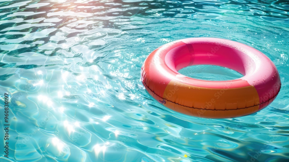 Pink and orange inflatable ring floats in sunny swimming pool Pink and orange inflatable ring floats in sunny swimming pool
