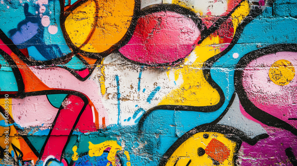 Vibrant graffiti art featuring bold colors and abstract shapes on a textured wall, perfect for urban themes and creative projects. Vibrant graffiti art featuring bold colors and abstract shapes on a textured wall, perfect for urban themes and creative projects.
