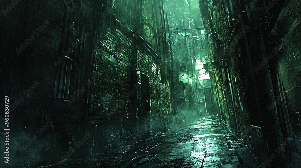 An eerie, dimly lit urban alleyway drenched in rain. The scene is enveloped in a greenish hue, evoking a dystopian or cyberpunk atmosphere. Old, dark brick buildings line the alley, with wires and cab An eerie, dimly lit urban alleyway drenched in rain. The scene is enveloped in a greenish hue, evoking a dystopian or cyberpunk atmosphere. Old, dark brick buildings line the alley, with wires and cab