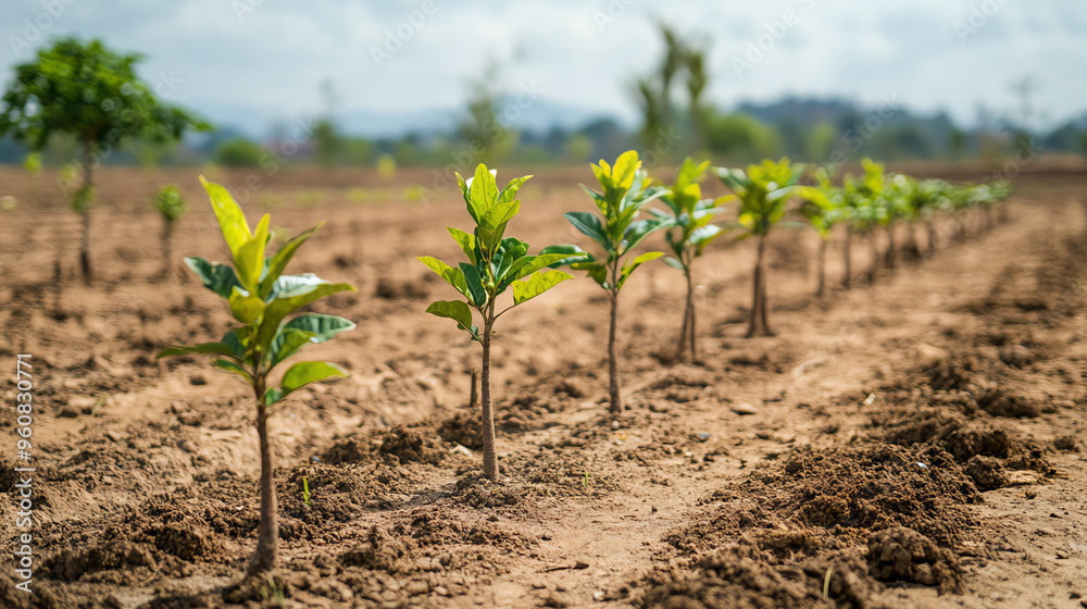 Young plants grow in a neat row, showcasing the promise of new life and sustainability in an agricultural setting. Young plants grow in a neat row, showcasing the promise of new life and sustainability in an agricultural setting.