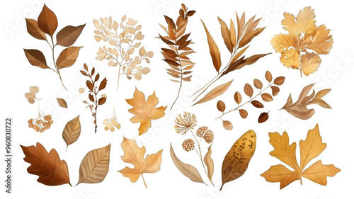 Set of vibrant autumn leaves isolated on transparent background. Collection of colorful fall foliage in various shapes and sizes