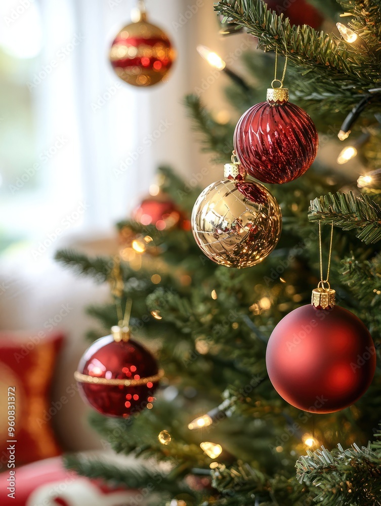 Festliche Dekoration für Weihnachten mit Weihnachtskugeln rot gold Festliche Dekoration für Weihnachten mit Weihnachtskugeln rot gold
