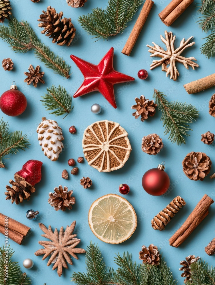 Obraz premium Flat lay christmas composition on blue background. Made with Generative AI.