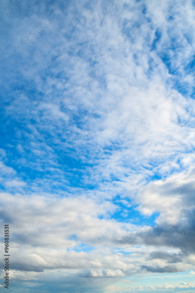 Obraz premium Blue sky landscape scene with white dramatic colorful clouds and evening sunlight, blue sky with clouds, vertical blue sky landscape