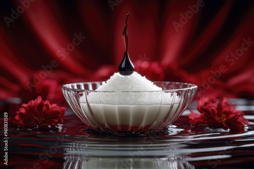 Black drop on sugar heap with red flowers symbolizing sugar's impact on health photo