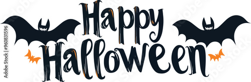 Happy Halloween vector text banner on a transparent background. Featuring black bats, witch and cobwebs suitable for placing over Halloween cards, social media and poster designs.