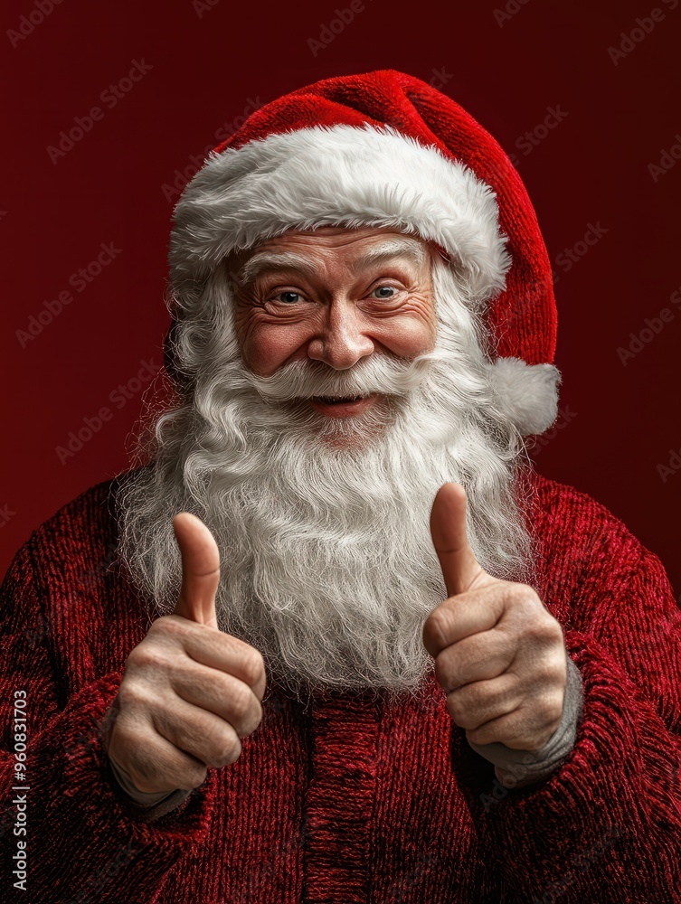 Funny happy excited old bearded Santa Claus face wearing costume looking at camera showing pointing fingers aside advertising Funny happy excited old bearded Santa Claus face wearing costume looking at camera showing pointing fingers aside advertising
