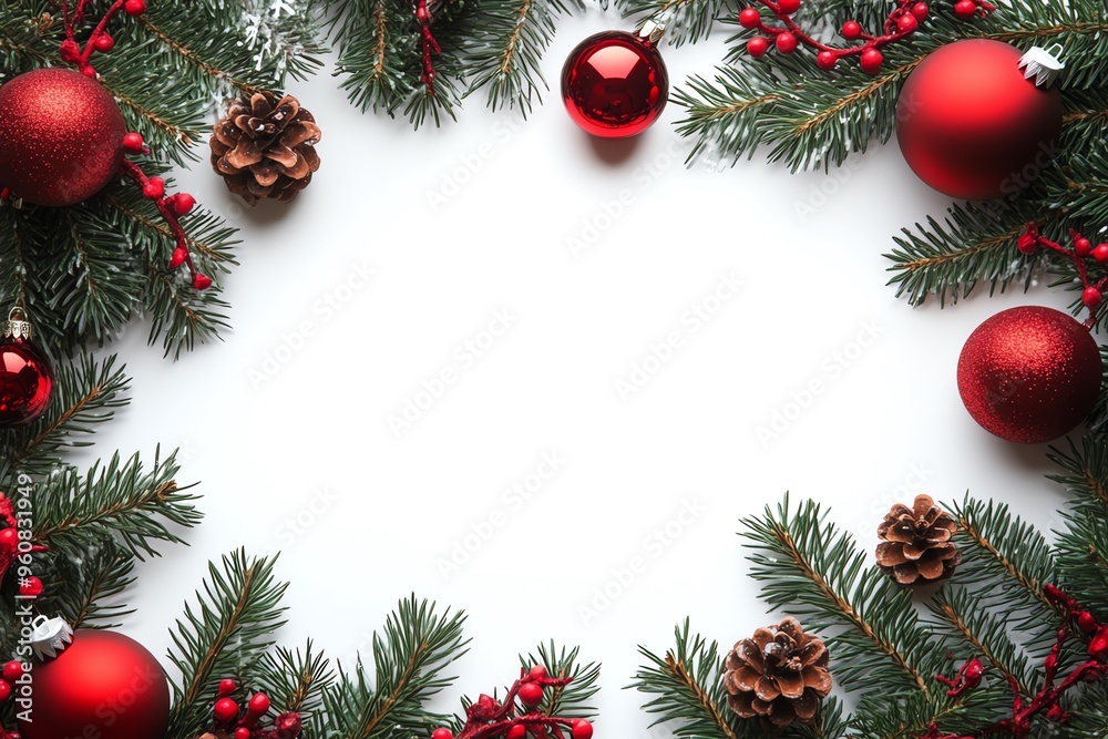 Christmas decorations with pine branches and ornaments, empty space for text, Christmas card Christmas decorations with pine branches and ornaments, empty space for text, Christmas card
