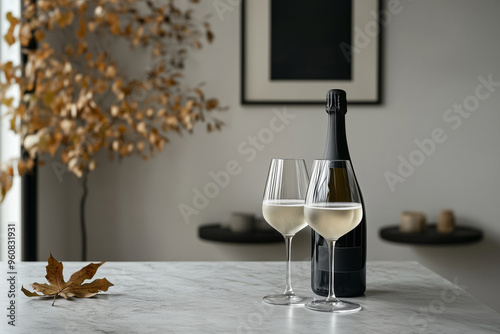 Sparkling wine in bottle and glasses on a table in a living room with modern design photo