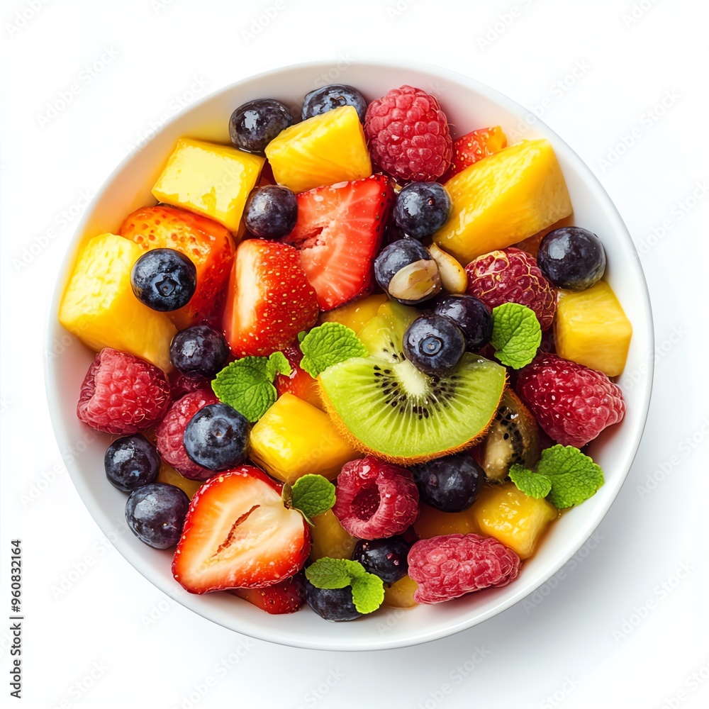 Salade de fruits colorée et fraîche sur fond blanc Salade de fruits colorée et fraîche sur fond blanc