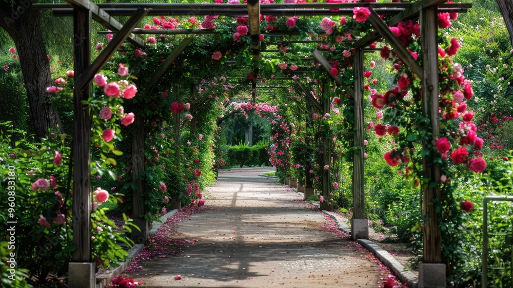 Stunning garden pergola with vibrant pink roses in full bloom Stunning garden pergola with vibrant pink roses in full bloom