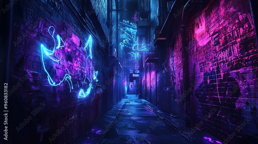 A narrow urban alley bathed in vibrant neon lights. The alley walls are covered in graffiti and illuminated with hues of pink and blue neon, creating a cyberpunk ambiance. The ground is wet and reflec A narrow urban alley bathed in vibrant neon lights. The alley walls are covered in graffiti and illuminated with hues of pink and blue neon, creating a cyberpunk ambiance. The ground is wet and reflec