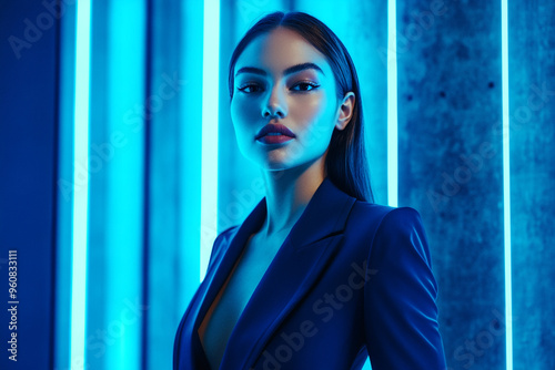 Womens Navy Blue Suit with Solid Neon Aqua, Lifestyle Portrait, Fashion Background, Contemporary and Stylish Look
