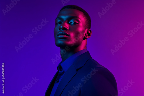 Mens Navy Blue Blazer with Solid Neon Purple, Lifestyle Portrait, Fashion Background, Contemporary and Trendy Design