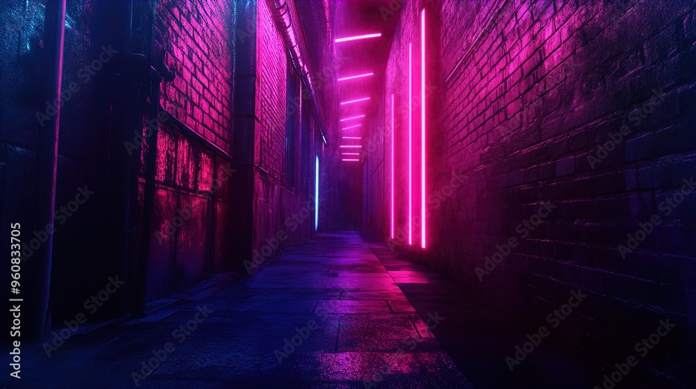 Fototapeta premium A narrow alleyway illuminated by vibrant, neon lights. The walls are made of brick and appear to be wet, reflecting the bright, pink, and purple hues of the lights. Vertical neon bars line the walls o