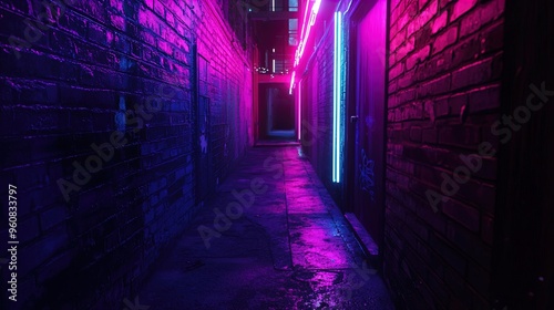 A narrow alleyway is illuminated by vibrant neon lights in shades of pink, purple, and blue. The brick walls on either side are bathed in neon glow, creating a colorful, almost surreal atmosphere. The